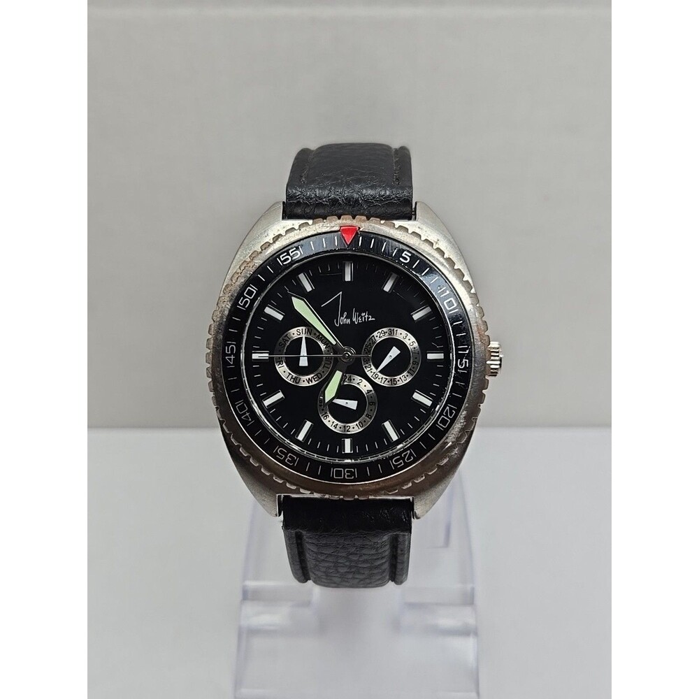 John Weitz JW209 Mens Day Date 24 Hour Black Dial Leather Wristwatch New Battery